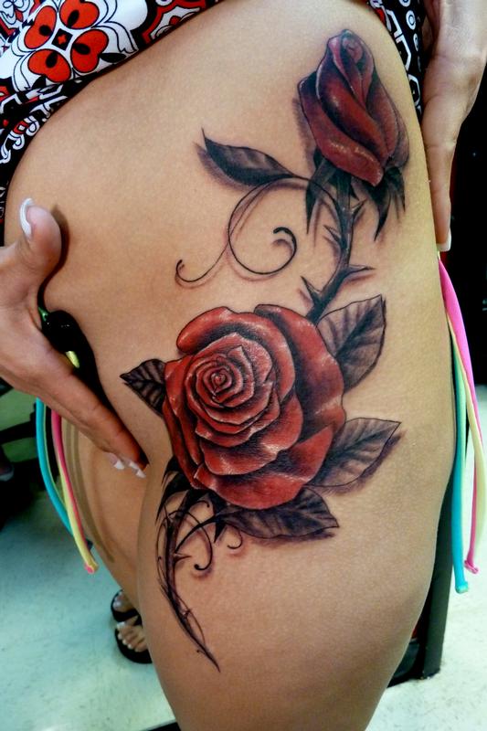 Freehand Roses on the hip by Mully Tattoos